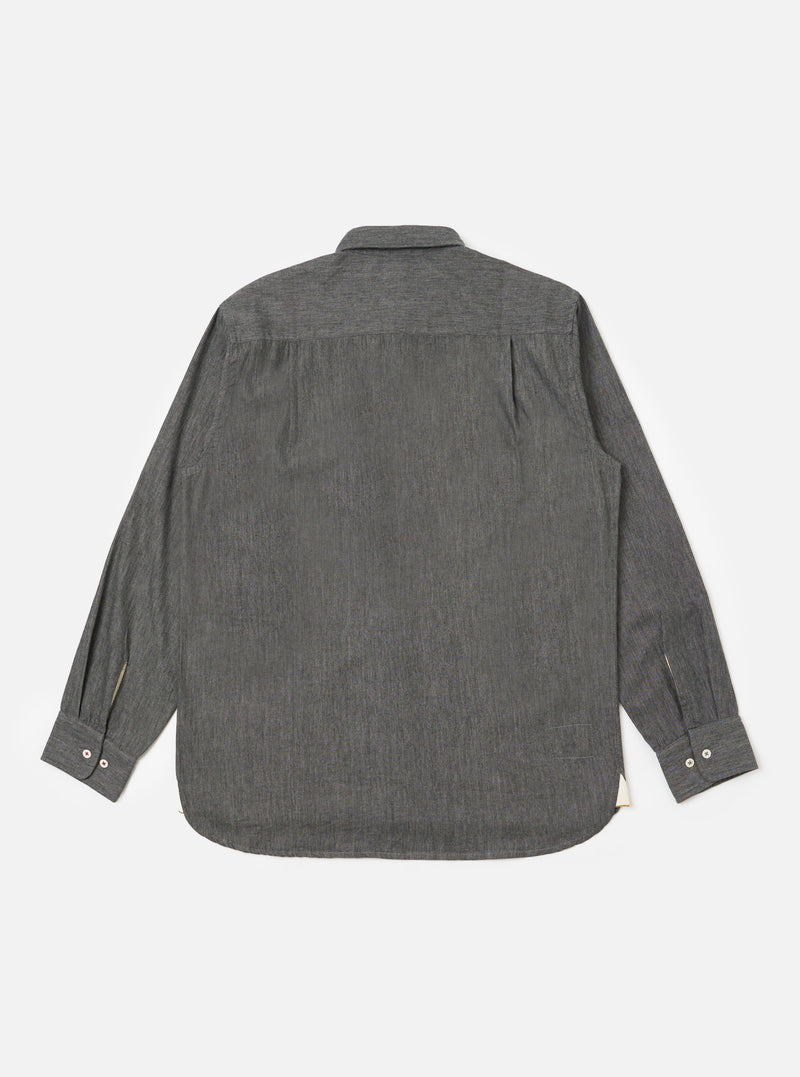 Back view of the Charcoal Brushed Organic Cotton Square Pocket Shirt on a white background. The shirt is charcoal gray and made of organic cotton.