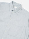Close-up of the Sky Blue Brushed Organic Cotton Square Pocket Shirt on a white background. The shirt is buttoned, showing the collar and pocket detail.