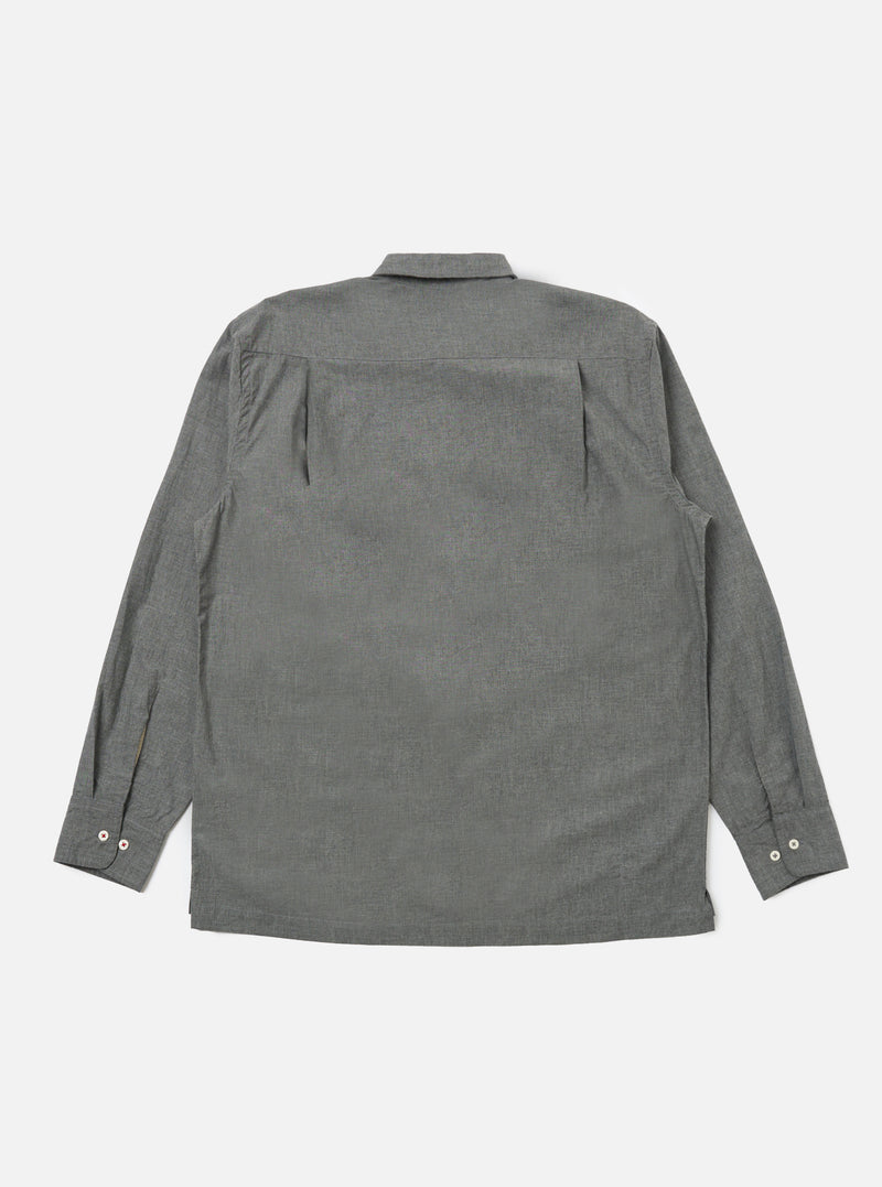 Back view of the Charcoal Organic Chambray Lucky Shirt on a white background. The shirt is long-sleeved and made of organic chambray material.