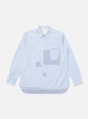The Blue Office Stripe Patched Lazy Day Shirt is laid flat on a white background. It features light blue stripes and patched details.