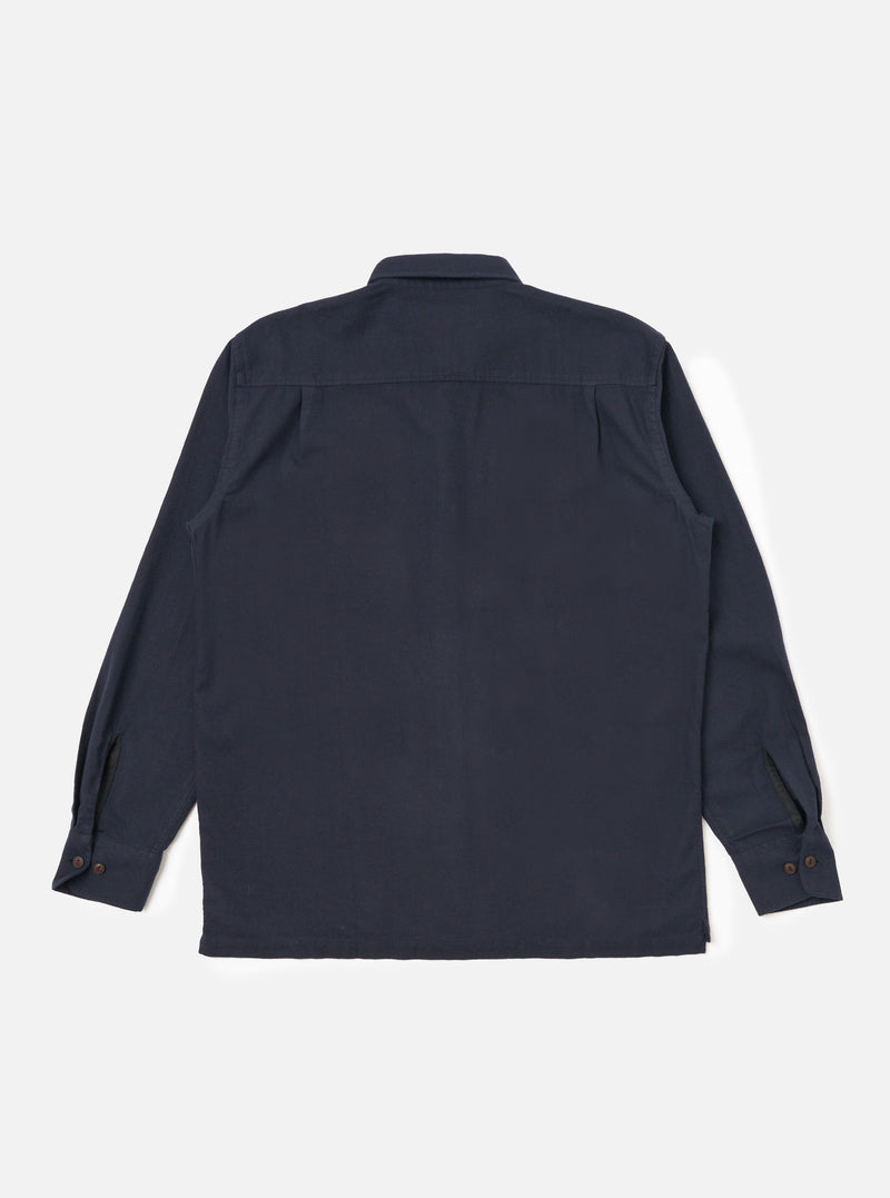 Back view of the Dark Navy Sid Flannel CPO Shirt on a white background. The shirt has long sleeves and brown buttons.