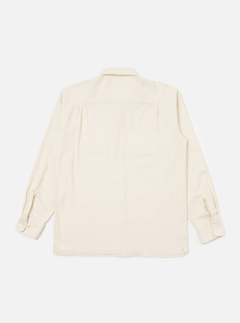 Back view of the Ecru Sid Flannel CPO Shirt, a light-colored, long-sleeved shirt with buttoned cuffs, laid flat on a white background.