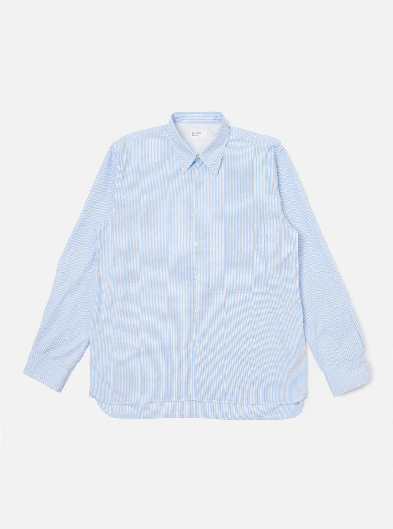 The Blue Office Stripe Square Pocket Shirt is laid flat on a white background. The shirt has blue and white vertical stripes and a square pocket on the chest.