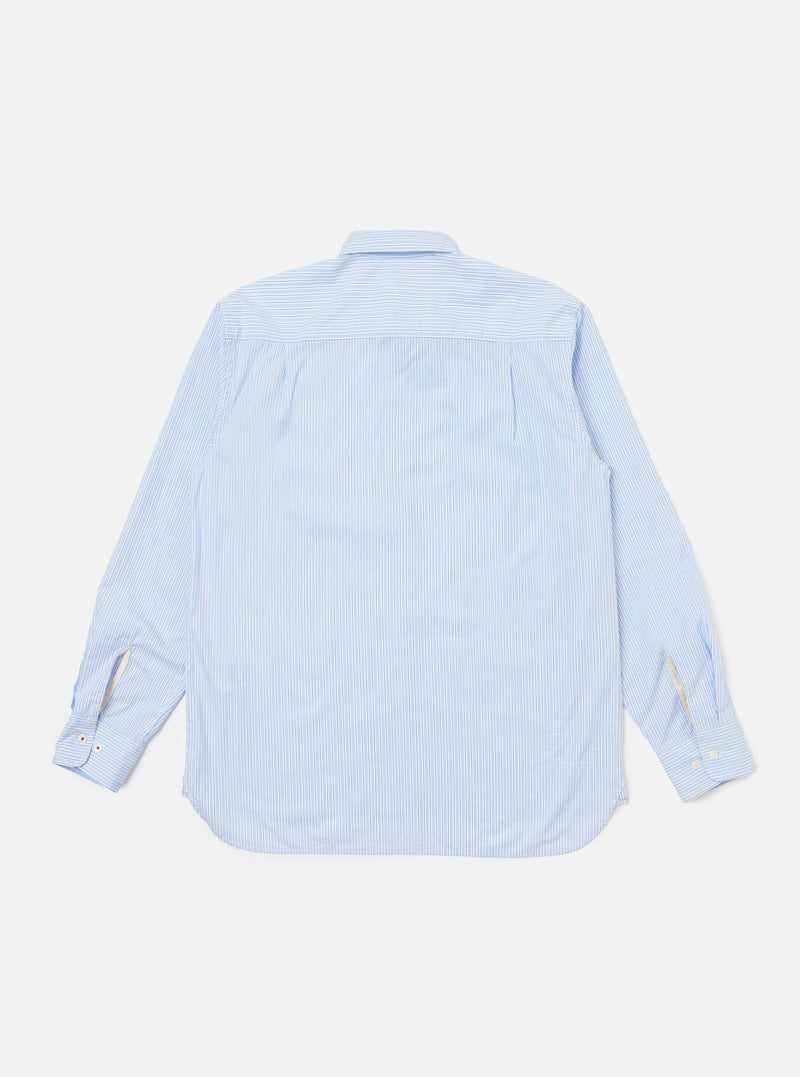 Back view of a Blue Office Stripe Square Pocket Shirt laid flat on a white background. The shirt has long sleeves and a button-down collar.