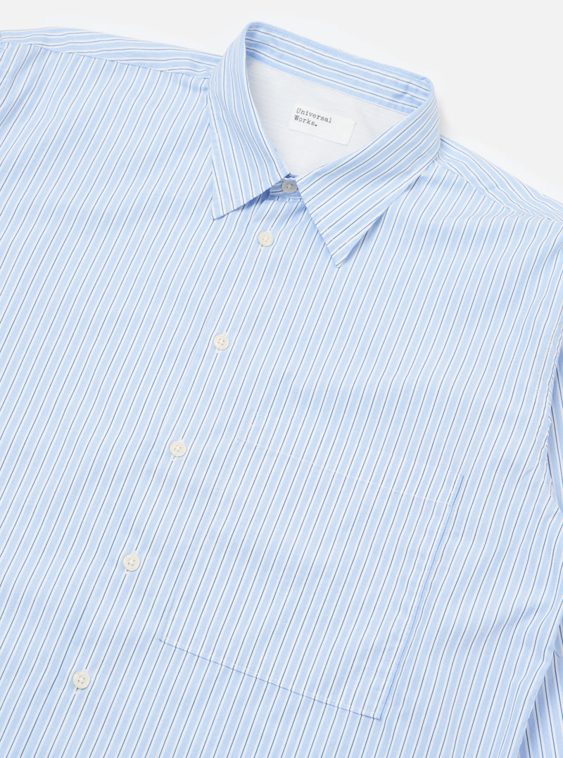Close-up of the Blue Office Stripe Square Pocket Shirt on a white background. The shirt features a blue and white striped pattern and a square pocket.