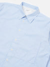 Close-up of the Blue Office Stripe Square Pocket Shirt on a white background. The shirt features a blue and white striped pattern and a square pocket.