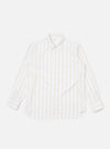 The White Office Stripe Square Pocket Shirt is laid flat on a white background. The shirt is white with thin gold stripes and has a square pocket.