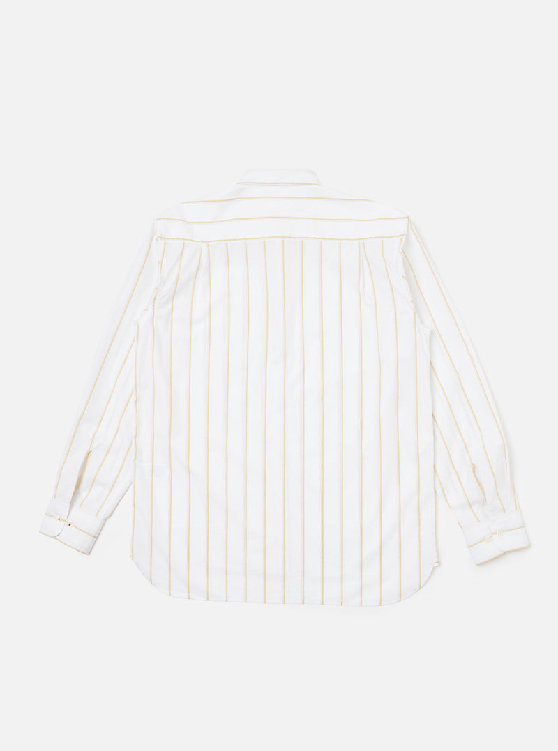 The back of a White Office Stripe Square Pocket Shirt, laid flat on a white background. The shirt is white with thin gold stripes.