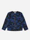 The Blue Flower Fleece Zip Liner Jacket on a white background. The jacket is blue and black fleece with a zip front and two pockets.
