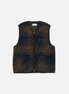 The Navy Deca Check Zip Gilet, a stylish vest with a blue and brown check pattern, is laid flat on a white background. It features a full zip and two front pockets.