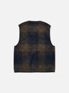 The Navy Deca Check Zip Gilet, a stylish vest in navy and brown check pattern, is laid flat on a white background. The gilet has a full zip and a comfortable fit.