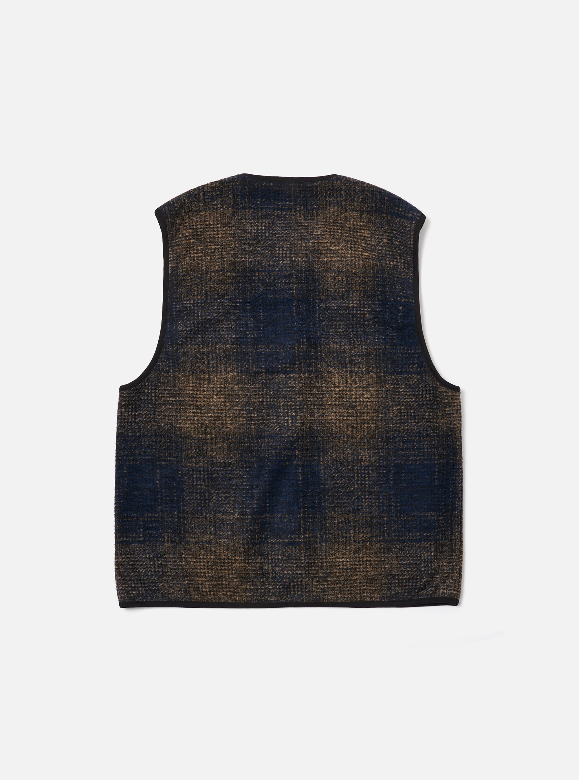 The Navy Deca Check Zip Gilet, a stylish vest in navy and brown check pattern, is laid flat on a white background. The gilet has a full zip and a comfortable fit.
