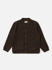 The Brown Wool Fleece Advance Cardigan, in dark brown, is displayed on a white background. The cardigan has a button-up front and two square pockets. The material is a textured wool fleece.
