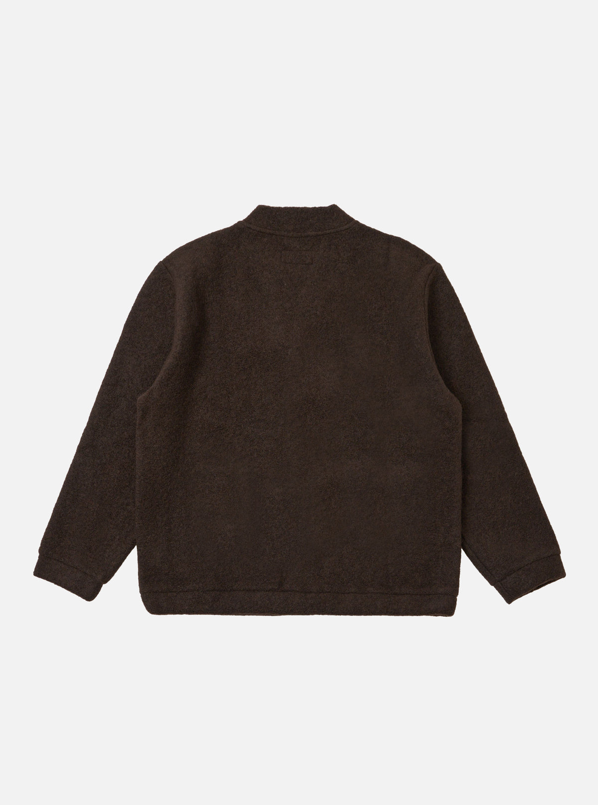 The Brown Wool Fleece Advance Cardigan, in a studio shot on a white background. The cardigan is a deep brown, made of wool fleece, and has a relaxed fit.