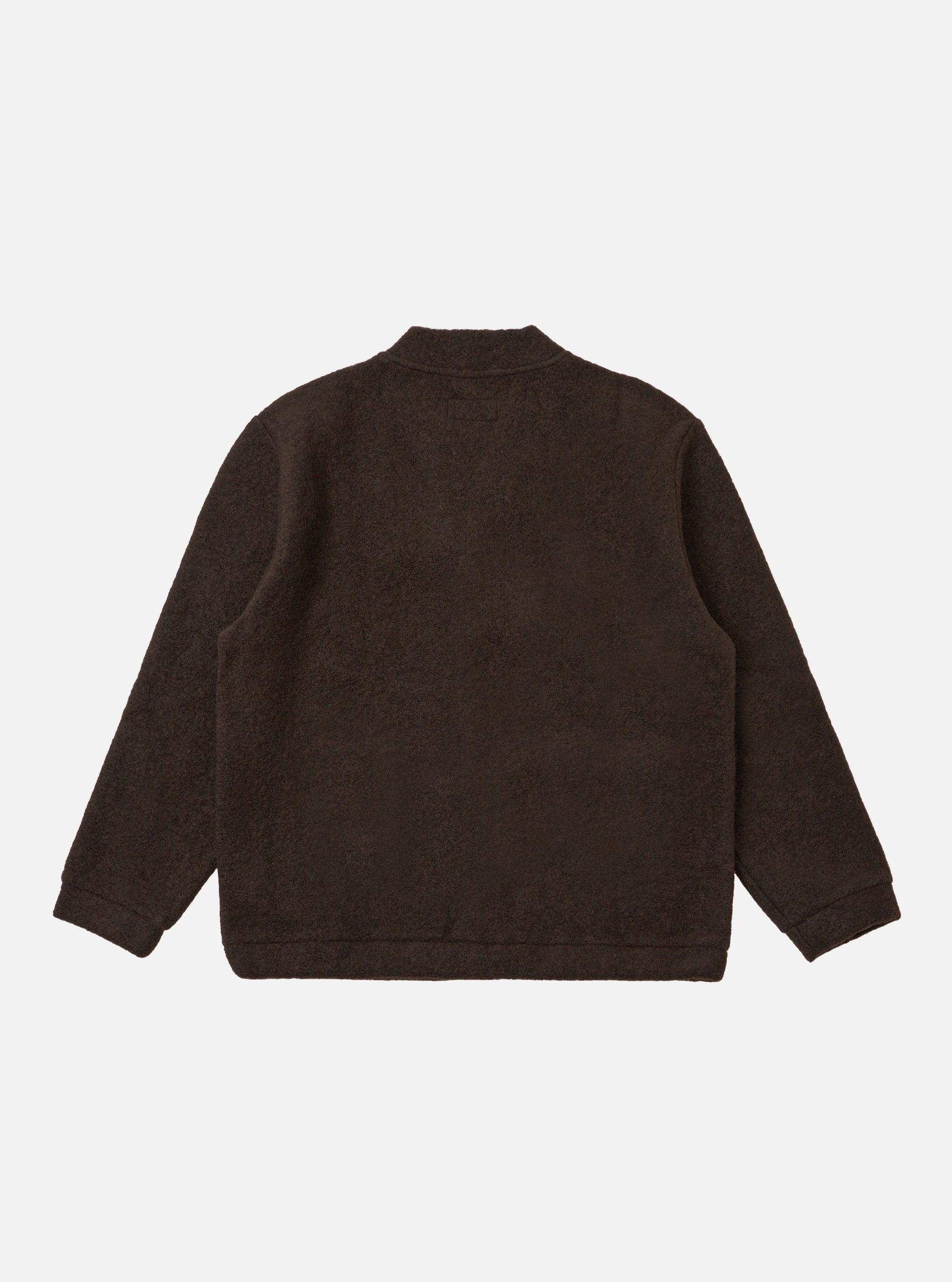 The Brown Wool Fleece Advance Cardigan, in a studio shot on a white background. The cardigan is a deep brown, made of wool fleece, and has a relaxed fit.