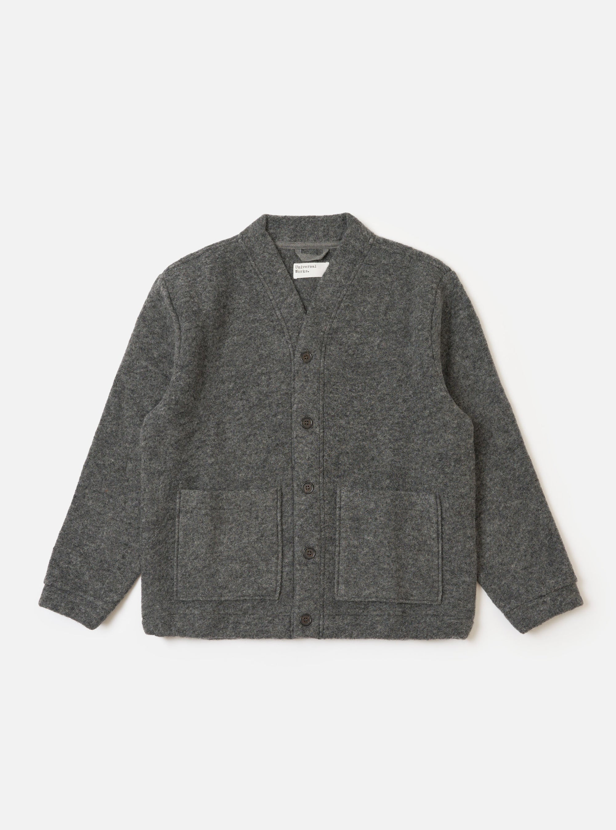 The Grey Marl Wool Fleece Advance Cardigan in grey on a white background. The wool cardigan has a v-neck, button closure, and two front pockets.