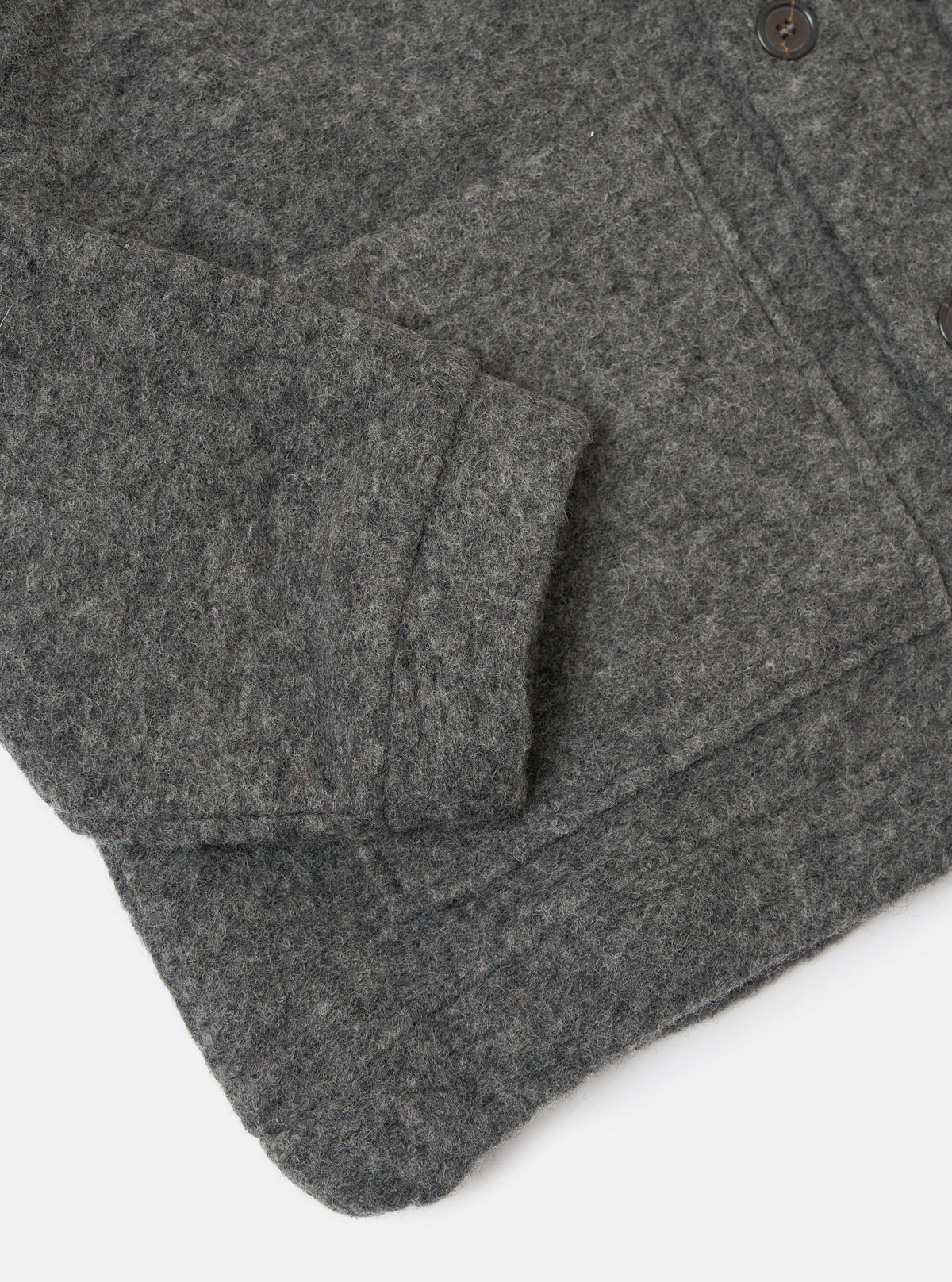 Close-up of the Grey Marl Wool Fleece Advance Cardigan on a white background, showcasing the texture and button details.