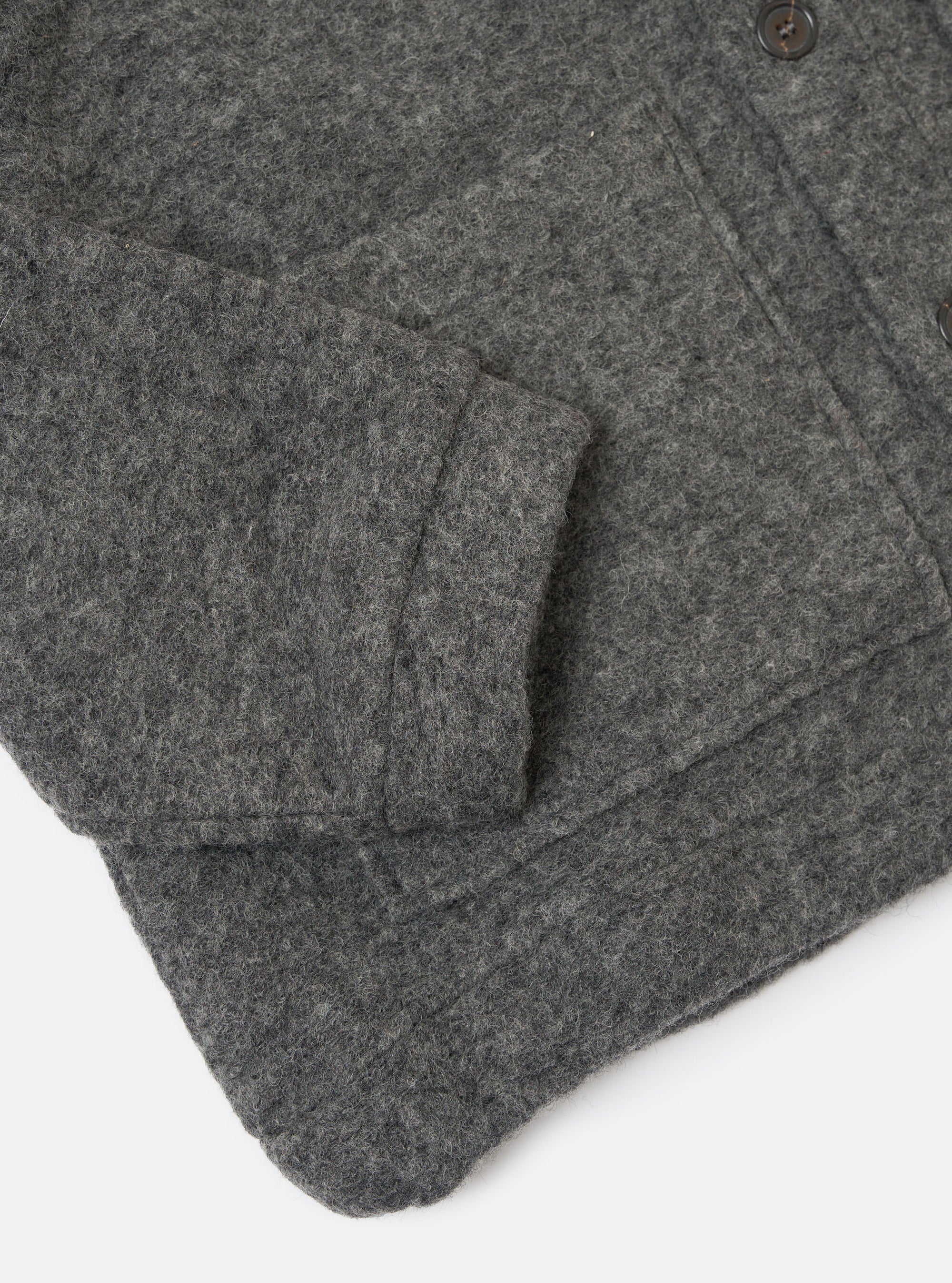 Close-up of the Grey Marl Wool Fleece Advance Cardigan on a white background, showcasing the texture and button details.