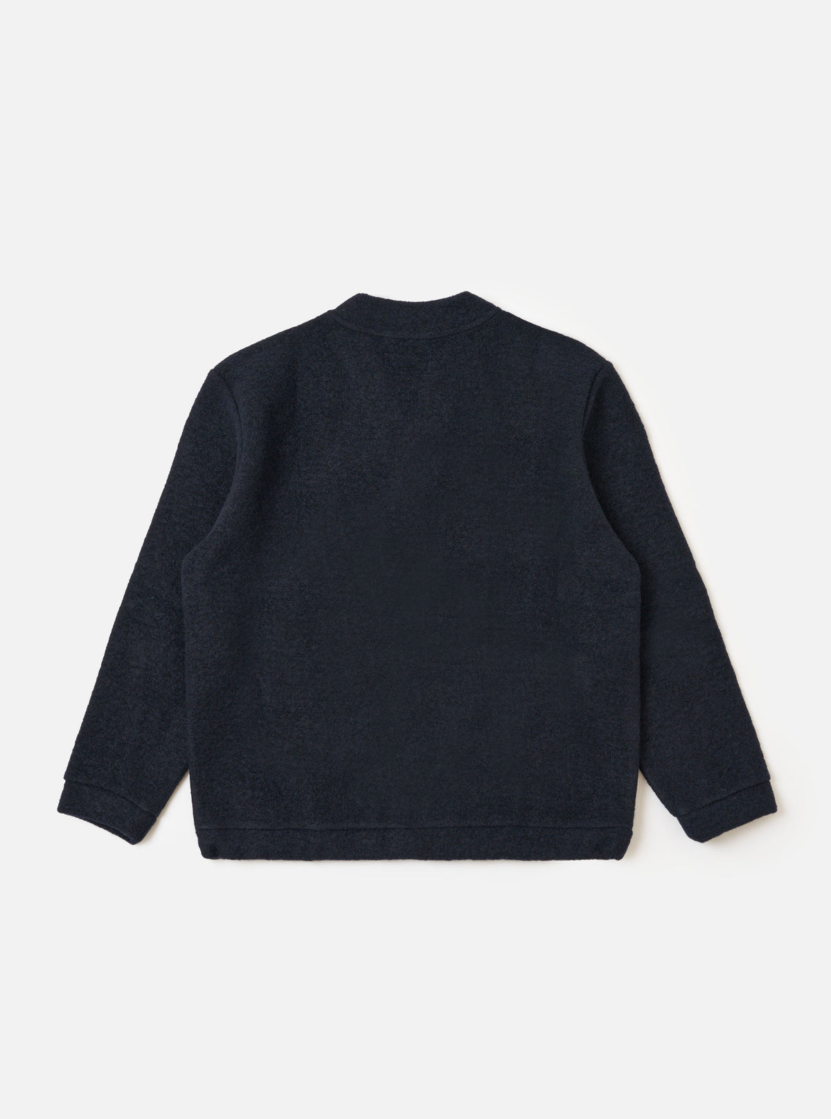 The Navy Wool Fleece Advance Cardigan, a dark blue wool cardigan, is laid flat on a white background. The cardigan has long sleeves and a crew neck.