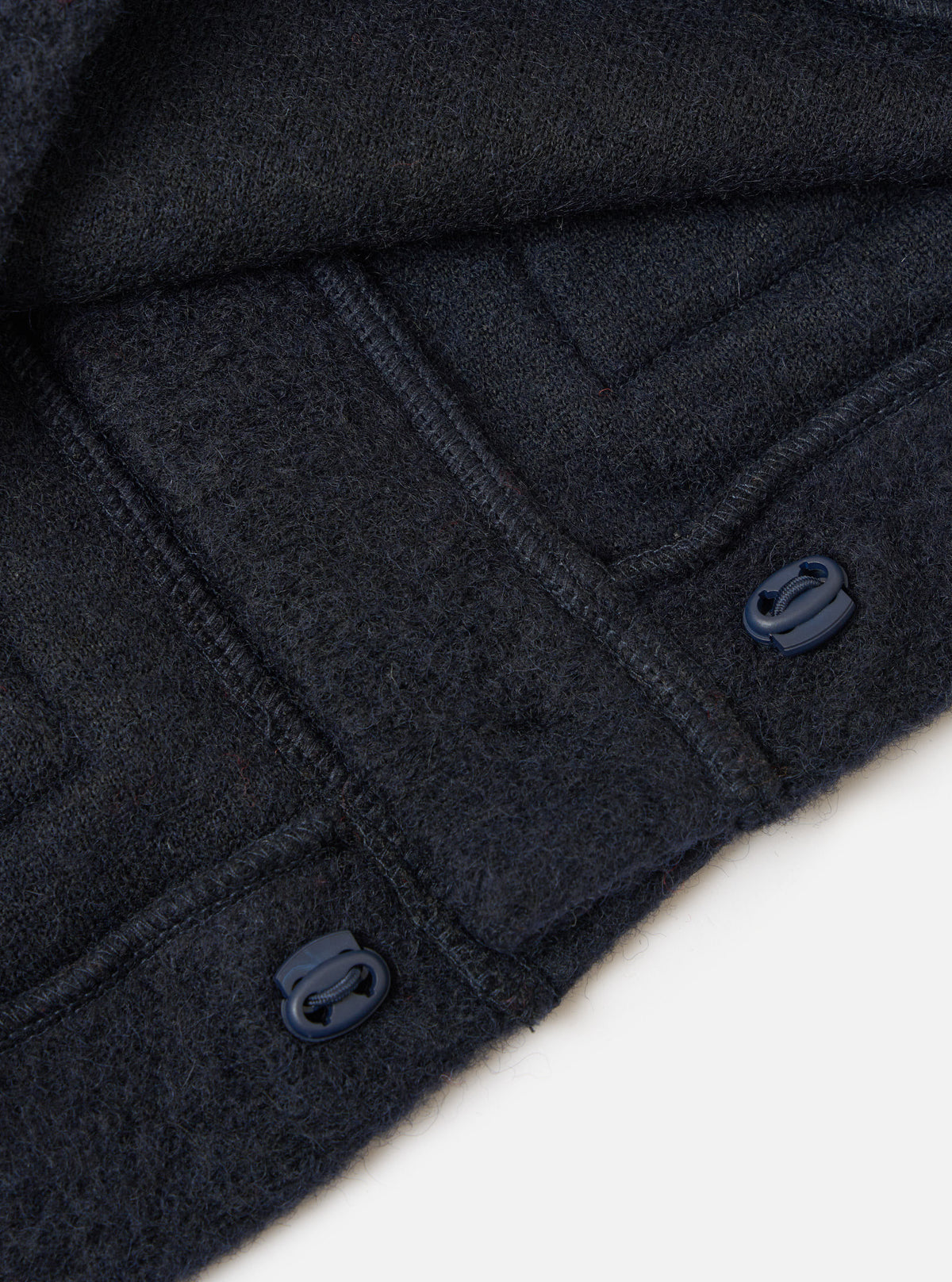 Close-up of the Navy Wool Fleece Advance Cardigan, showing the texture of the wool fleece and toggle closures. Shot on a white background.