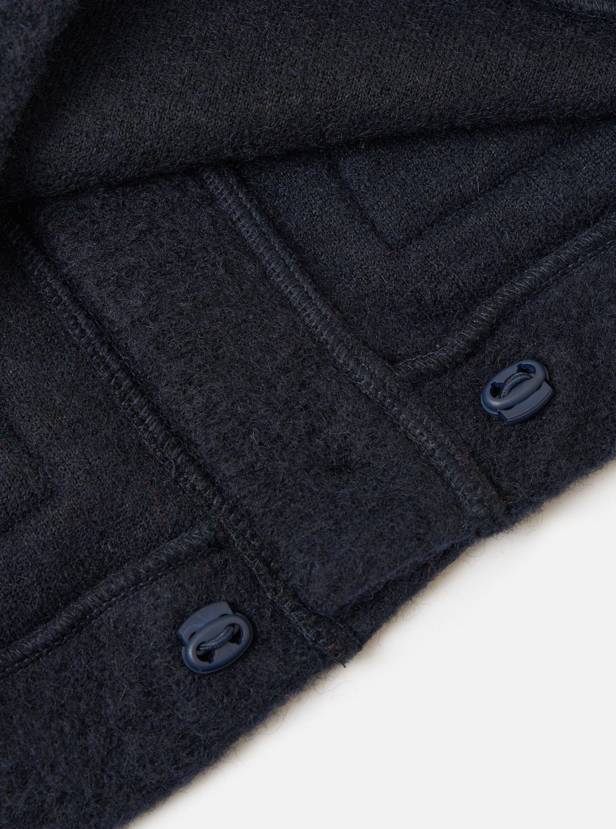 Close-up of the Navy Wool Fleece Advance Cardigan, showing the texture of the wool fleece and toggle closures. Shot on a white background.