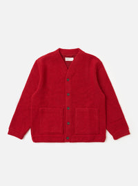 The Red Wool Fleece Advance Cardigan, in red fleece, is laid flat on a white background. It features a button-up front and two square pockets.