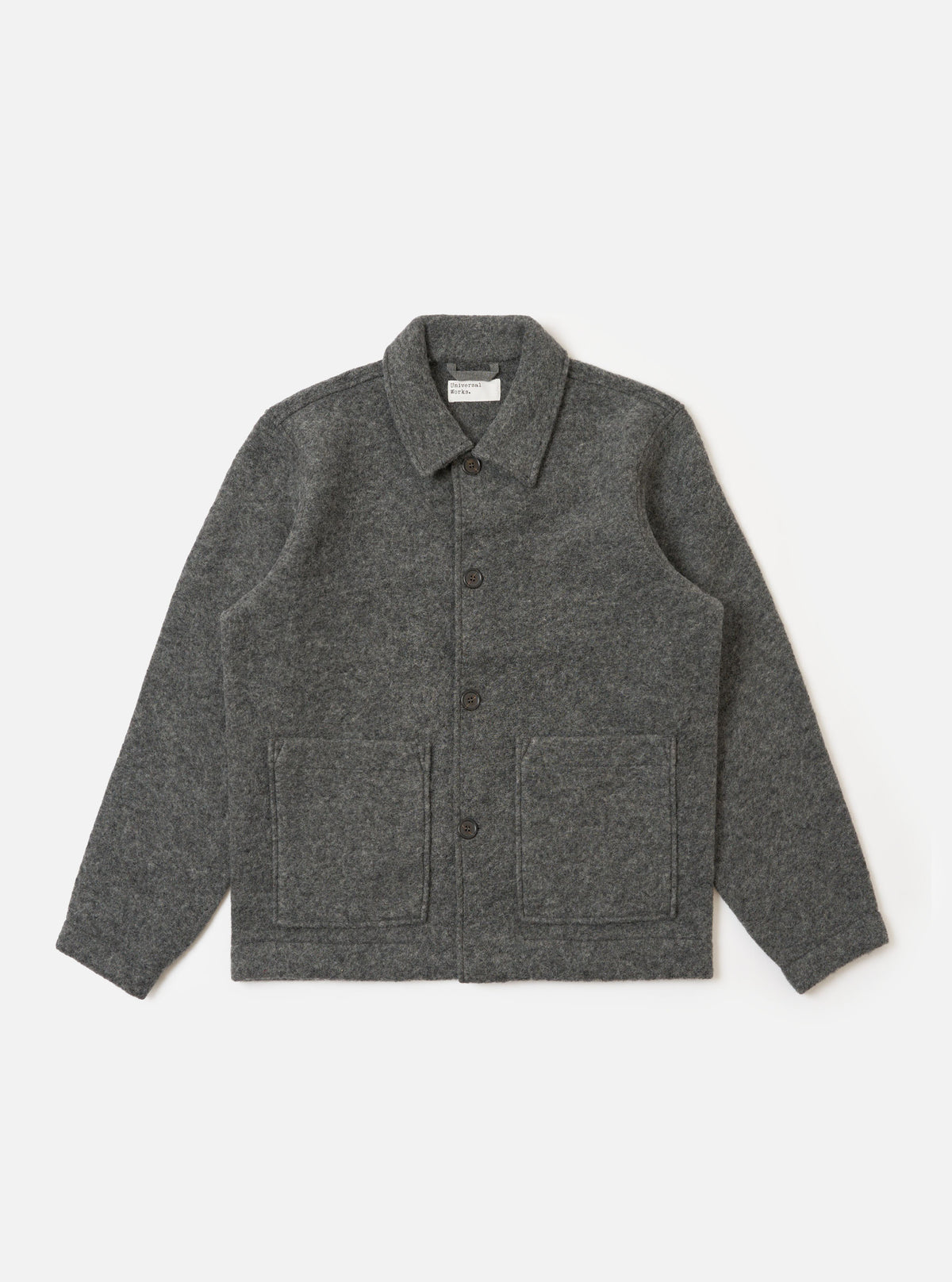 The Grey Marl Wool Fleece Rams Jacket, in grey wool fleece, is laid flat on a white background. It features a collared neck, button closure, and patch pockets.