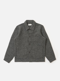 The Grey Marl Wool Fleece Rams Jacket, in grey wool fleece, is laid flat on a white background. It features a collared neck, button closure, and patch pockets.