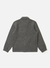 The back of a Grey Marl Wool Fleece Rams Jacket on a white background. The jacket is made of grey wool fleece and has a collared neck and long sleeves.