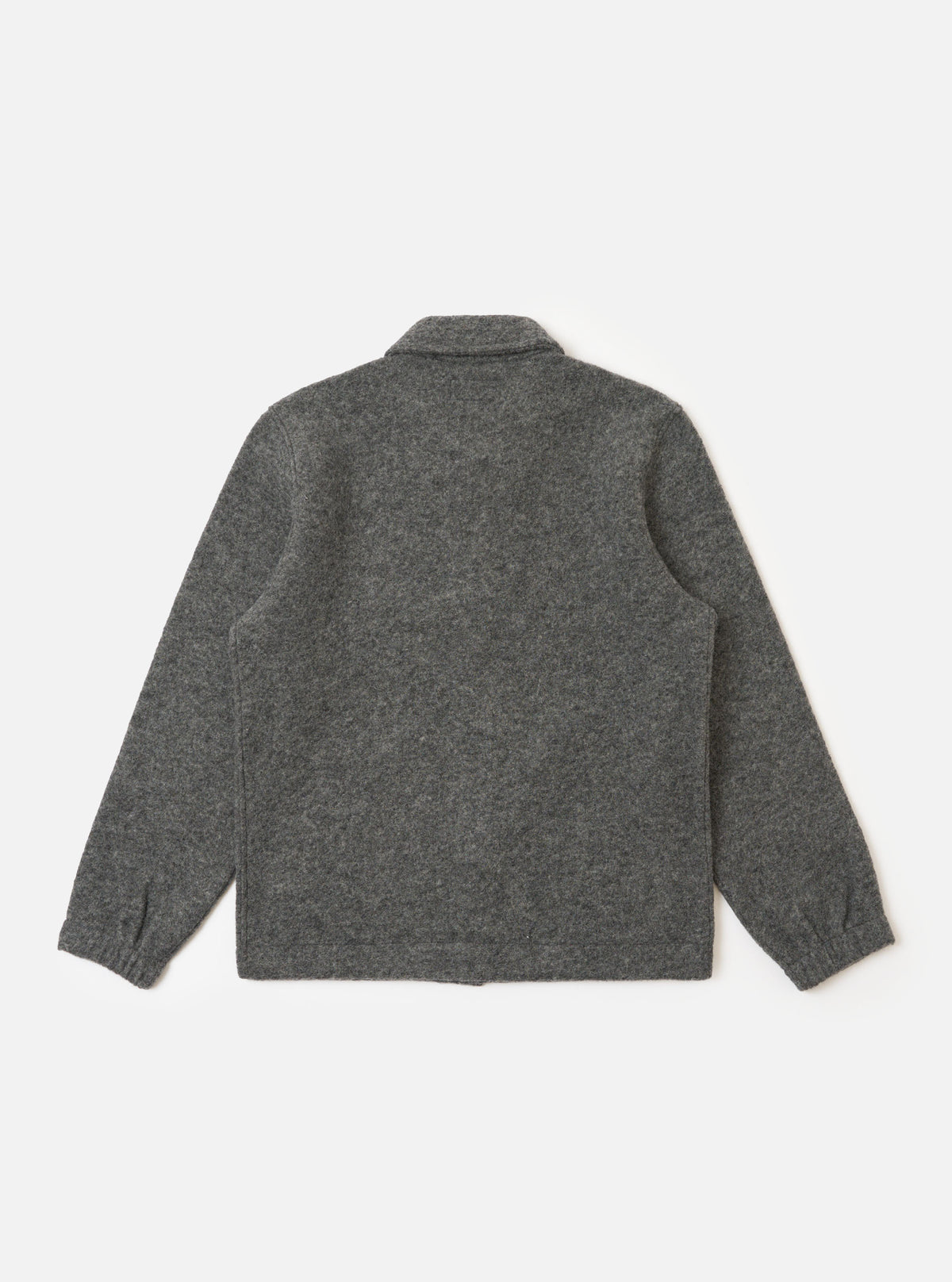 The back of a Grey Marl Wool Fleece Rams Jacket on a white background. The jacket is made of grey wool fleece and has a collared neck and long sleeves.