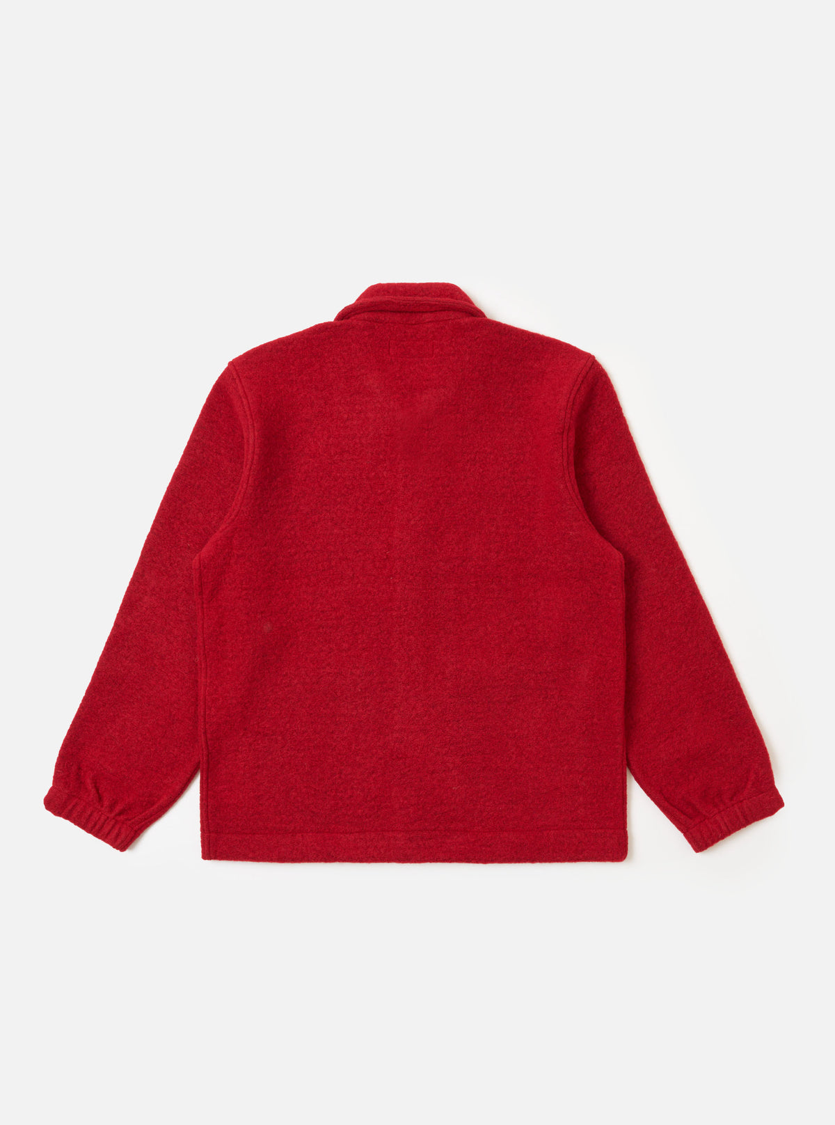The back of a Red Wool Fleece Rams Jacket on a white background. The jacket is made of red wool fleece and has a collared neck and long sleeves.