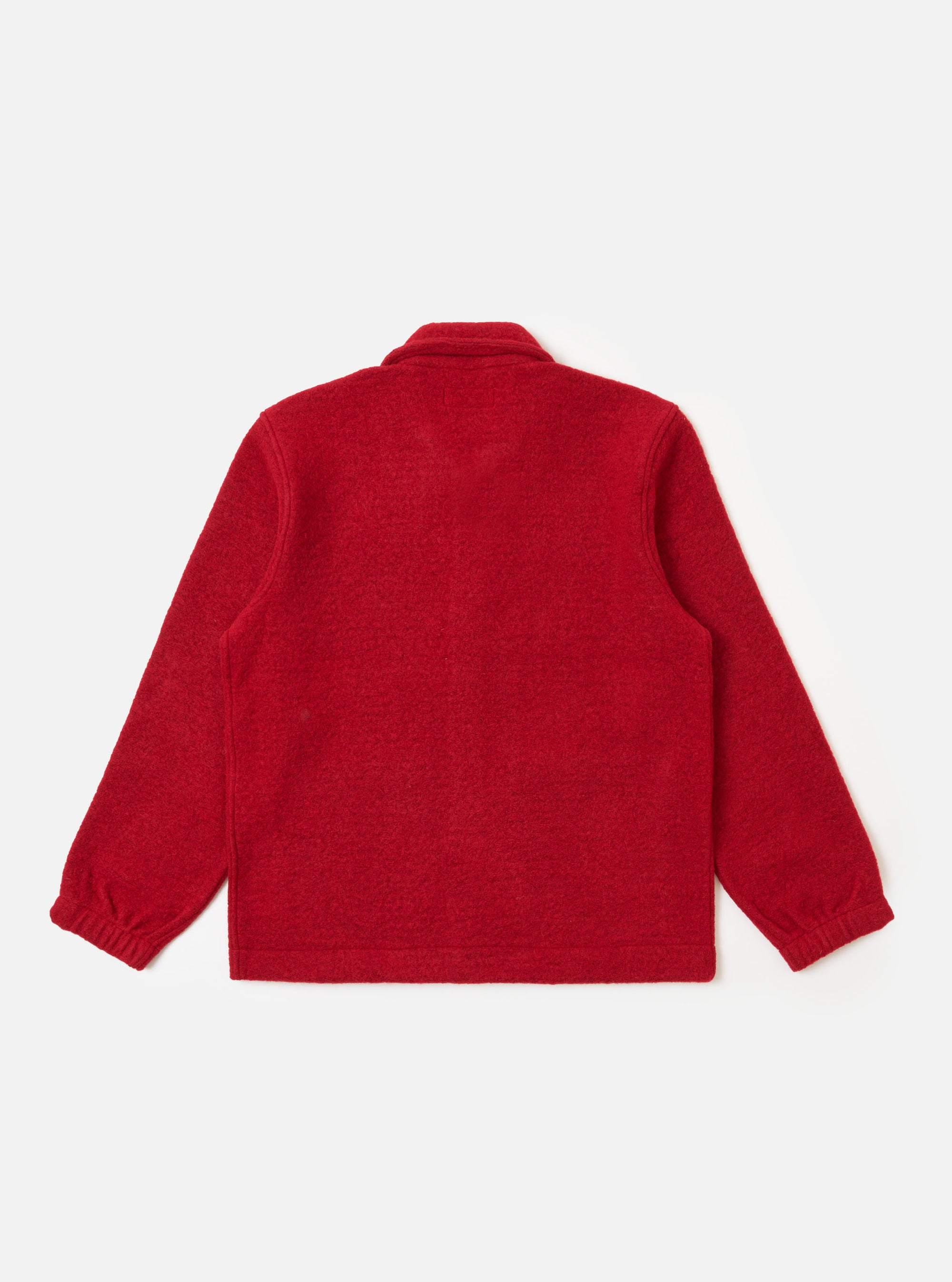The back of a Red Wool Fleece Rams Jacket on a white background. The jacket is made of red wool fleece and has a collared neck and long sleeves.