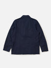 The Navy Linen Slub Weave Manor Jacket is shown from the back as a flat lay against a plain white background. The image highlights the textured navy blue linen-blend fabric and features double back vents at the hem.