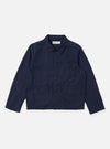 The Navy Linen Slub Weave Franck Jacket is shown as a flat lay against a plain white background. The jacket features a central silver-tone zipper, a pointed collar, and a single patch pocket on the left chest. The fabric has a visible textured, slubbed appearance in a deep navy blue.
