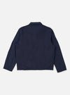 The Navy Linen Slub Weave Franck Jacket is shown from the back as a flat lay against a plain white background. The image highlights the jacket's structured rear with a central vertical seam and two side vents at the hem. The navy fabric has a distinct, irregular slubbed texture from the linen and cotton blend.