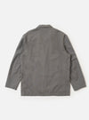 The Mid Grey Linen Slub Weave Two Button Jacket is shown from a rear three-quarter angle as a flat lay against a white background. The image highlights the two-piece sleeve construction, the structured back with vertical seams, and the textured mid-grey linen-cotton blend fabric.