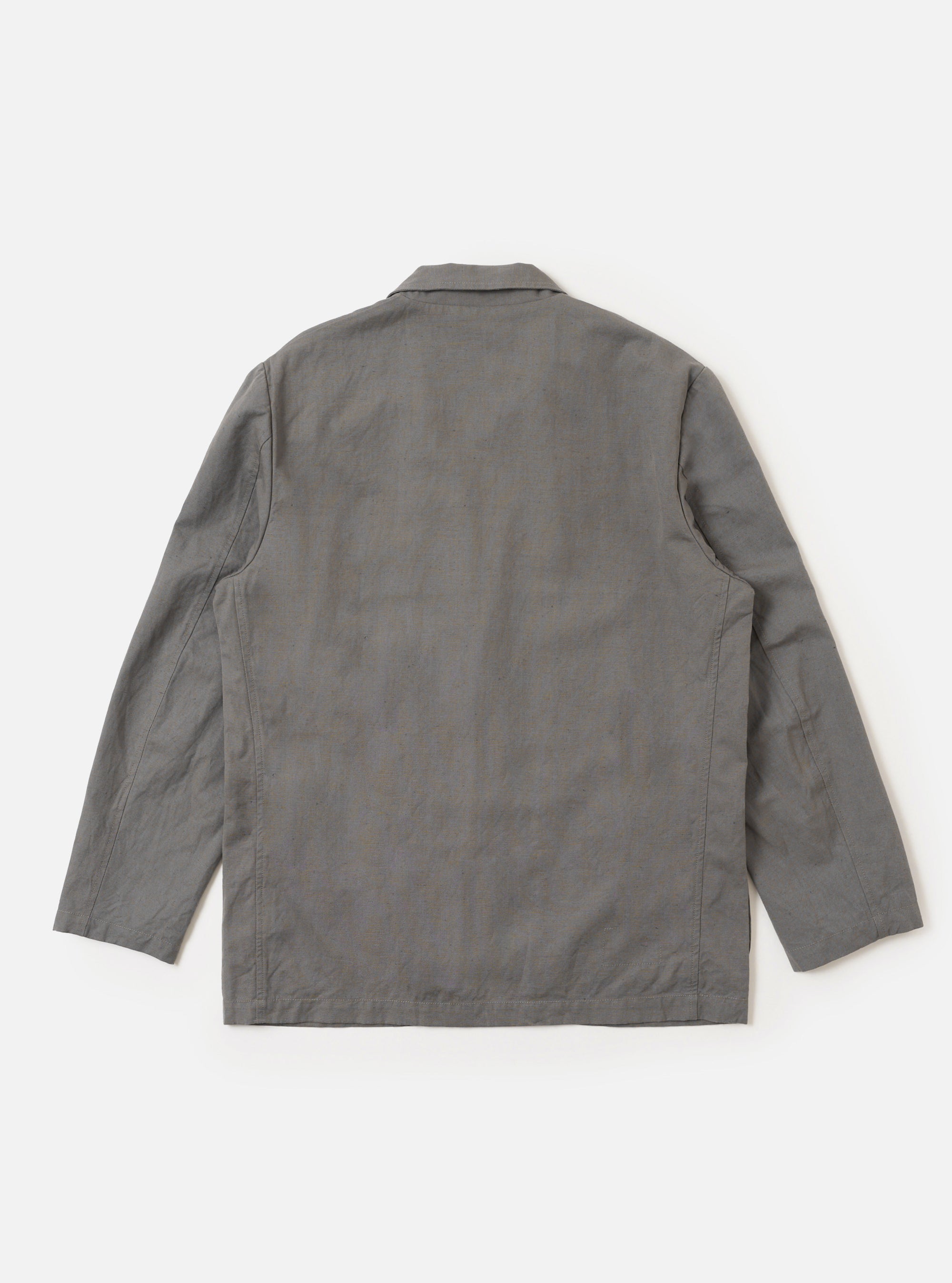 The Mid Grey Linen Slub Weave Two Button Jacket is shown from a rear three-quarter angle as a flat lay against a white background. The image highlights the two-piece sleeve construction, the structured back with vertical seams, and the textured mid-grey linen-cotton blend fabric.