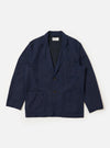 The Navy Linen Slub Weave Two Button Jacket is shown as a flat lay against a plain white background. The jacket features notched lapels, a two-button front closure, and two flap pockets at the waist. The navy blue fabric has a prominent slub texture with visible variations in the weave.