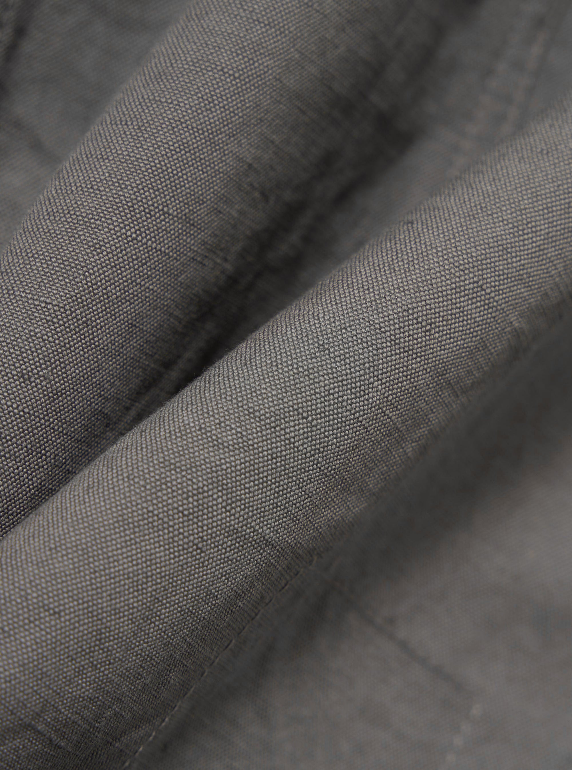 A close-up fabric swatch of the Mid Grey Linen Slub Weave Bakers Jacket shows the textured, irregular slubbed surface of the linen and cotton blend. The fabric is a mid-grey color with a visible woven pattern.