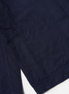 The Navy Linen Slub Weave Bakers Jacket is shown as a flat lay against a plain white background. The jacket features a structured collar, a five-button front closure, and four functional front patch pockets, including one at the chest and three at the waist. The dark navy fabric highlights the distinct irregular slub texture of the linen-cotton blend.