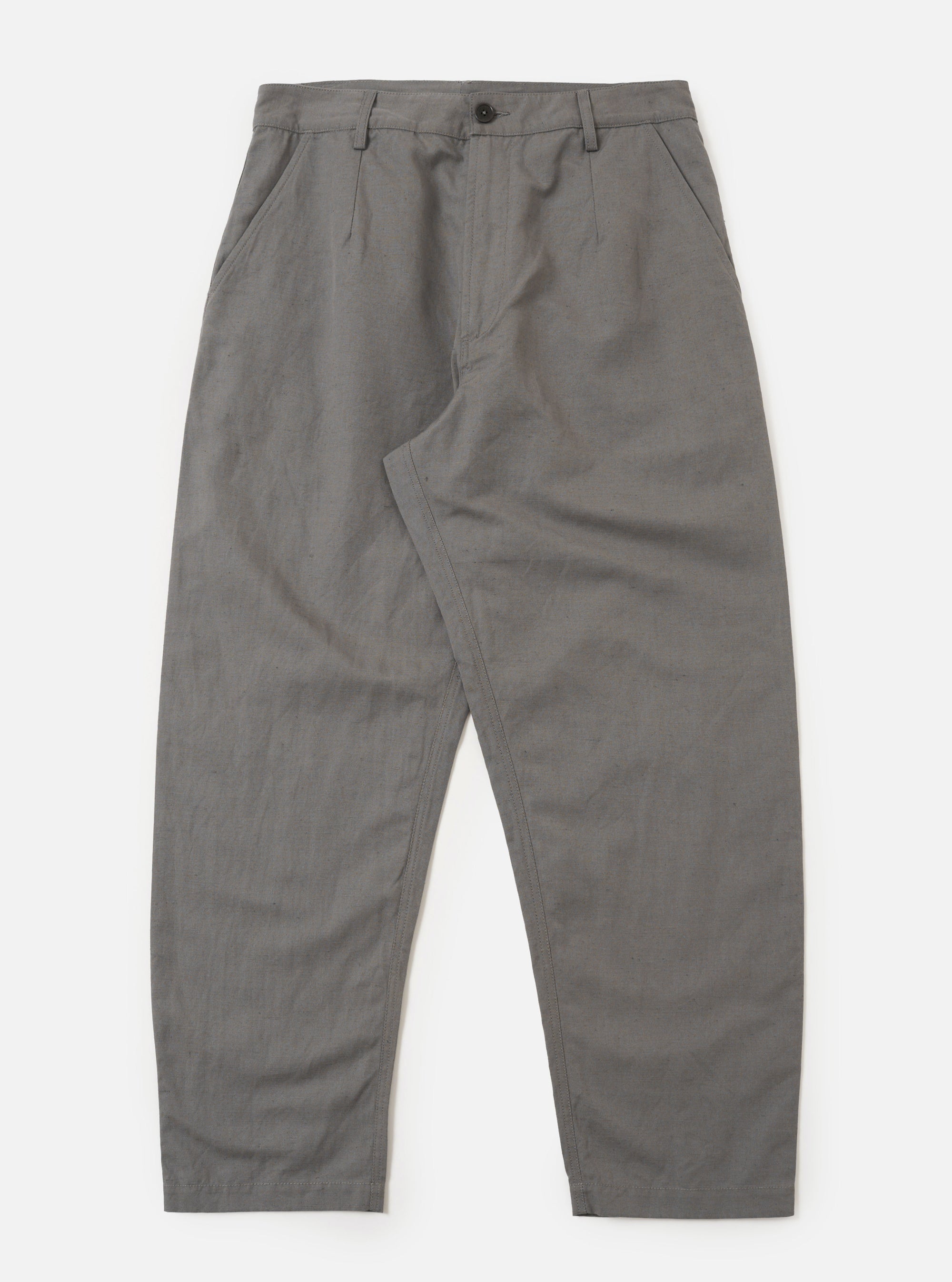 The Mid Grey Linen Slub Weave Dizzy Trouser is presented as a flat lay against a plain white background. The trousers feature a wide-leg, loose silhouette and a structured waistband with belt loops. The mid-grey fabric displays a distinct, textured slub weave.