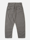 The Mid Grey Linen Slub Weave Dizzy Trouser is shown from a rear angle as a flat lay against a plain white background. The image highlights the two rear pockets, including one with a buttoned flap, and the elasticated waistband. The mid grey fabric features a visible slub texture.