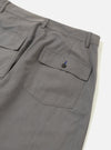The Mid Grey Linen Slub Weave Dizzy Trouser is shown from the back as a flat lay against a plain white background. The image highlights the two rear pockets, including one with a buttoned flap and one buttoned jetted pocket, as well as the elasticated waistband. The mid grey fabric features a visible slub weave texture.