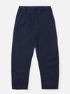 The Navy Linen Slub Weave Dizzy Trouser is shown as a flat lay against a white background. The trousers feature a wide, straight-leg silhouette with a visible textured slub weave in the navy blue fabric. The design includes a waistband with belt loops, two front slant pockets, and a button-and-zip fly.
