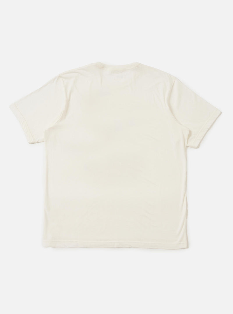 An Ecru Single Jersey Multi UW Print T-shirt is shown from the back, laid flat against a plain white background. The image highlights the graduated four-color Universal Works print across the upper back and the simple crew neck construction.