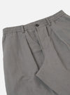 The Mid Grey Linen Slub Weave Oxford Pant is shown from the back as a flat lay against a plain white background. The image highlights the two rear pockets, including one buttoned flap pocket and one buttoned jetted pocket, along with the elasticated portion of the waistband and the textured mid-grey linen fabric.