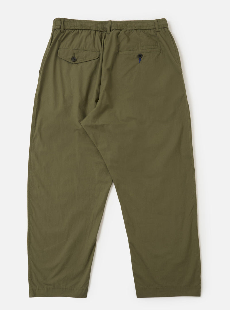 The Olive Broadcloth Oxford Pant is shown from a rear perspective, laid flat against a solid white background. The image highlights the wide-leg silhouette and two rear pockets: one a buttoned flap pocket and the other a buttoned jetted pocket.