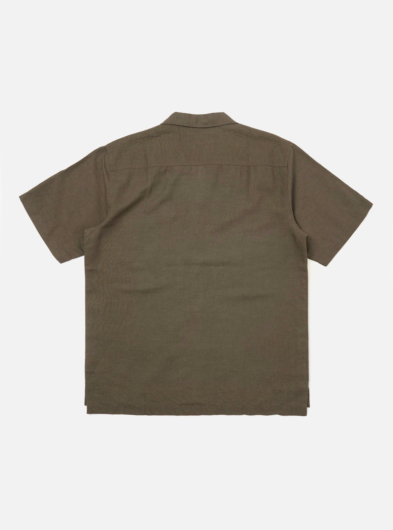 The back of the Olive Linen Cotton Shirting Camp Shirt is displayed flat against a plain white background. The shirt features a straight hem, short sleeves, and a simple horizontal yoke across the shoulders.