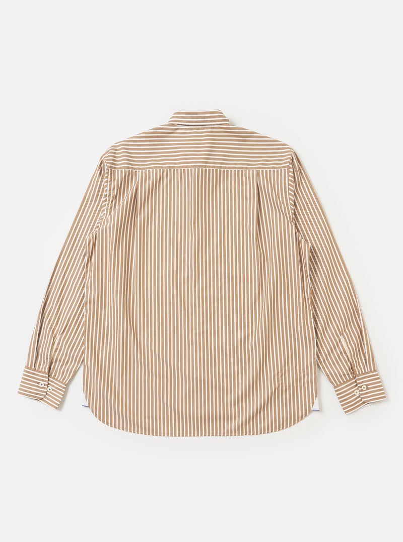 The back of the Brown/White Cotton Stripe Square Pocket Shirt is shown from a rear perspective, laid flat against a solid white background. The image highlights the vertical brown and white stripes, a straight hem, and a horizontal back yoke.