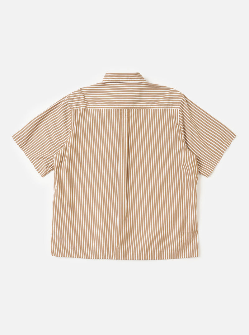 The back of the Brown/White Cotton Stripe Z Tech Overshirt is shown laid flat against a solid white background. The garment features a pattern of vertical brown and white stripes, a straight hem, and a classic pointed collar.